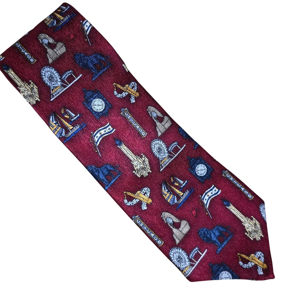 Parker Sage Mens Chicago Landmarks Silk Tie Burgundy Red Navy Pier Made in USA